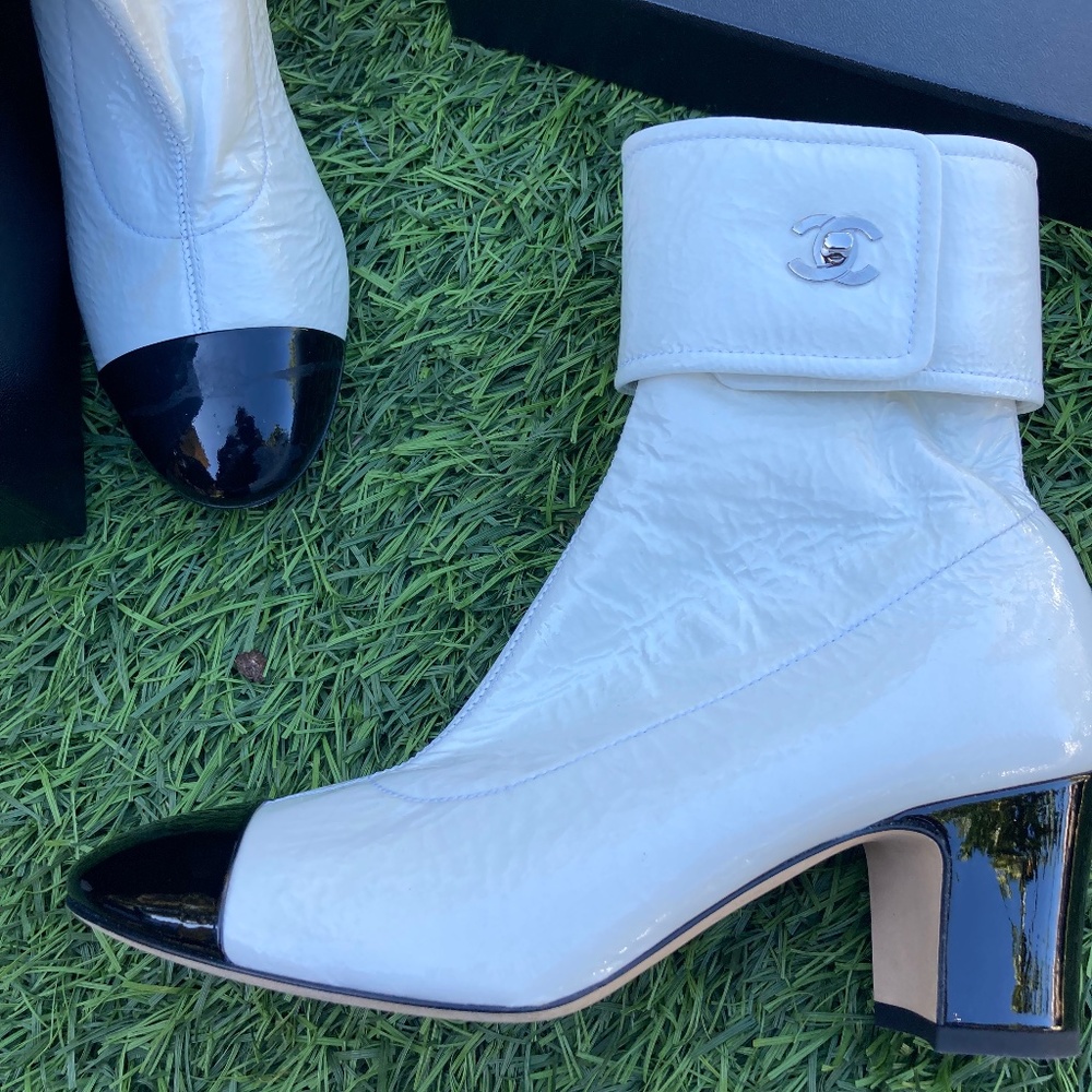 Chanel white booties with black toe and heel